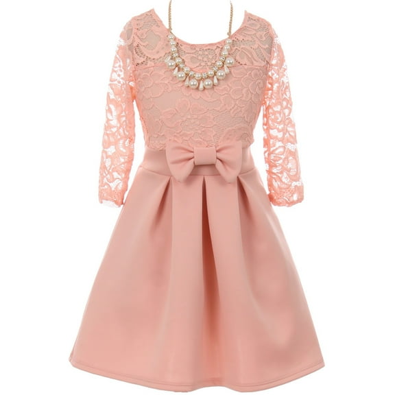 Little Girls Elegant Floral Lace Illusion Top Pearl Necklace Holiday Flower Girl Dress Rose 4 (2J1K0S4)