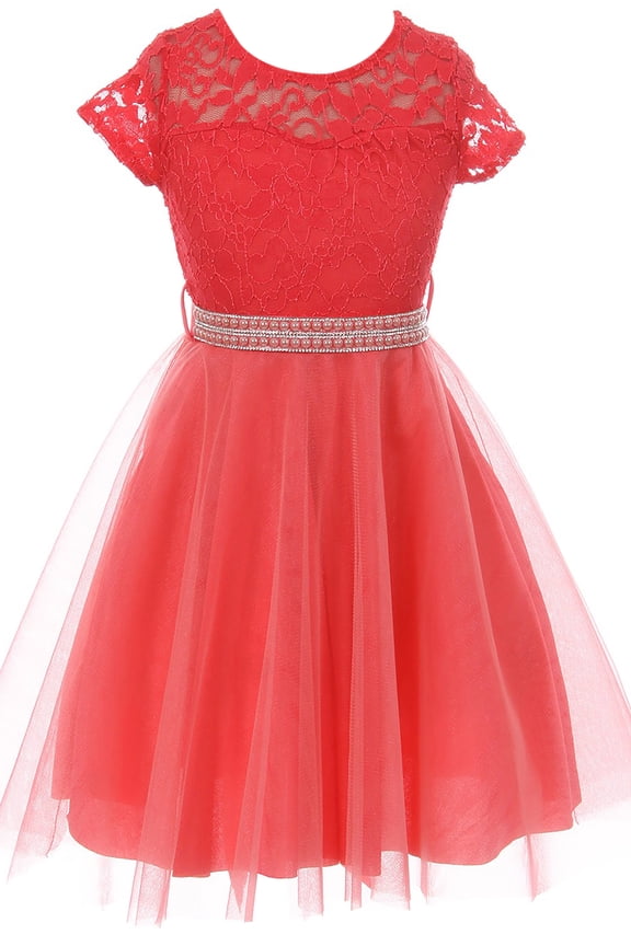 Little Girls Elegant Floral Lace Top Tulle Pageant Party Flower Girl Dress Coral 4 (2J1K2S2)
