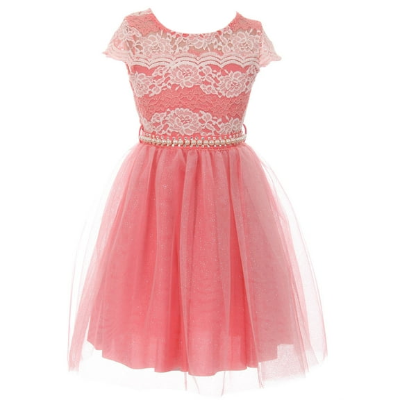 Little Girls Elegant Lace Rhinestones Glitter Wedding Party Flower Girl Dress Coral 6 (2J1K33PS)