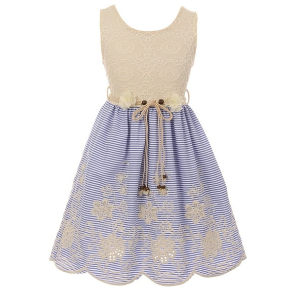 Little Girls Elegant Round Neck Lace Cotton Summer Birthday Party Flower Girl Dress Blue 4 (2J1K38S)