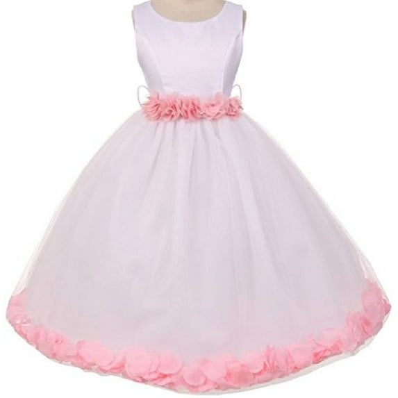 Little Girls Elegant Satin Ribbon Sash Petals Flowers Girls Dresses White Pink 6
