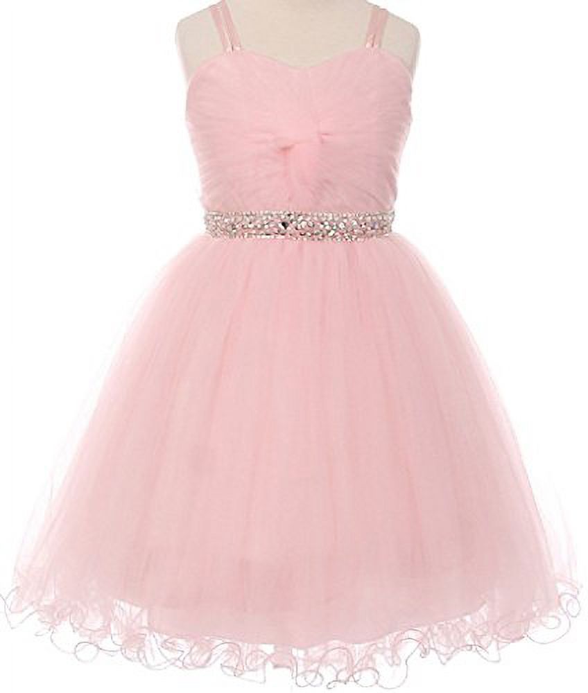 Little Girls Elegant Twist Wired Tulle Rhinestones Beaded Waist Scarf Gown Flower Girl Dress Flower Girl Dress Pink 6 (C50CC19) - image 1 of 5