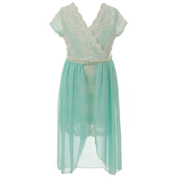 Little Girls Elegant V Neck Glitter Floral Lace Chiffon Rhinestone Pageant Flower Girl Dress Mint 6 (2J1K4S3)