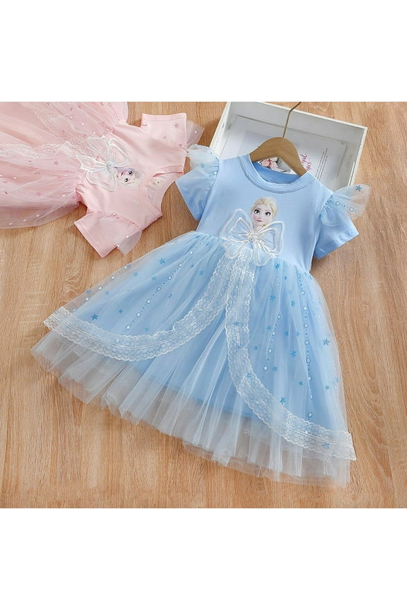 Little Girls Elsa Princess Dress Summer Short Sleeve Costume Cosplay Dress up