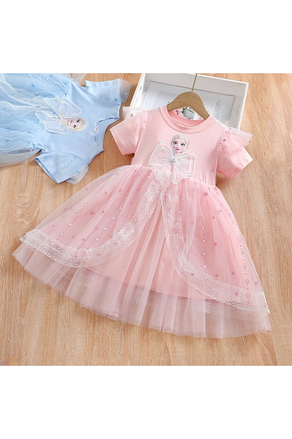 Little Girls Elsa Princess Dress Summer Short Sleeve Costume Cosplay Dress up