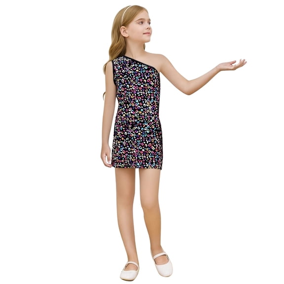 Little Girls Fashion Metallic Leopard Print Sequin Dress Sleeveless Spaghetti Strap Mini Party Gown Kids