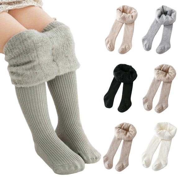 Little Girls Fleece Lined Tights Solid Color Comfy Knit Cotton High Waist Pantyhose Kids Winter Warm Leggings With Socks