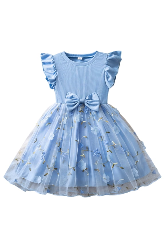 Little Girls Floral Embroidered Dress With Bow Detail Flutter Sleeves Party