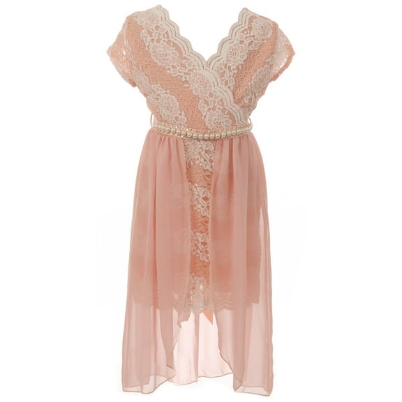 Little Girls Floral Lace Chiffon Pearl Birthday Holiday Party Flower Girl Dress Blush 6 (J21KS43)