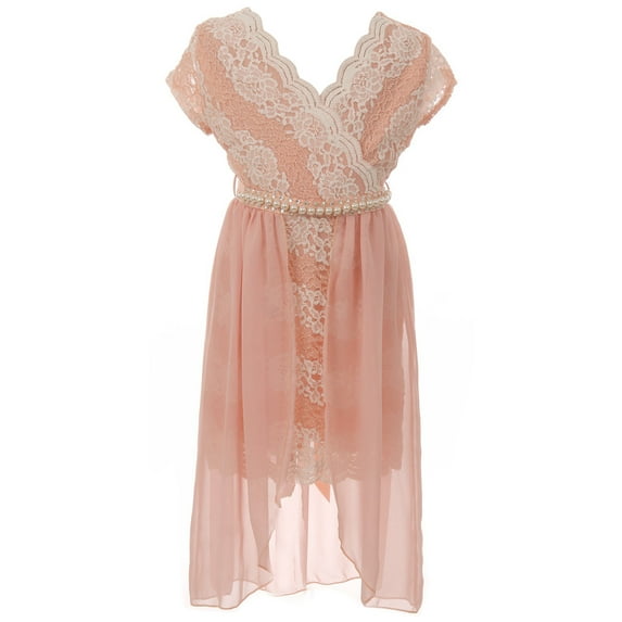 Little Girls Floral Lace Chiffon Pearl Birthday Holiday Party Flower Girl Dress Blush 6 (J21KS43)