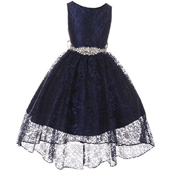 Little Girls Floral Lace High Low Rhinestones Special Occasion Flower Girl Dress Navy 4 (M3B6K0CB)