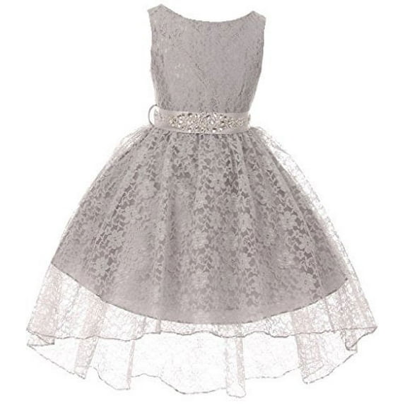 Little Girls Floral Lace High Low Rhinestones Special Occasion Flower Girl Dress Silver 4 (M3B6K0CB)