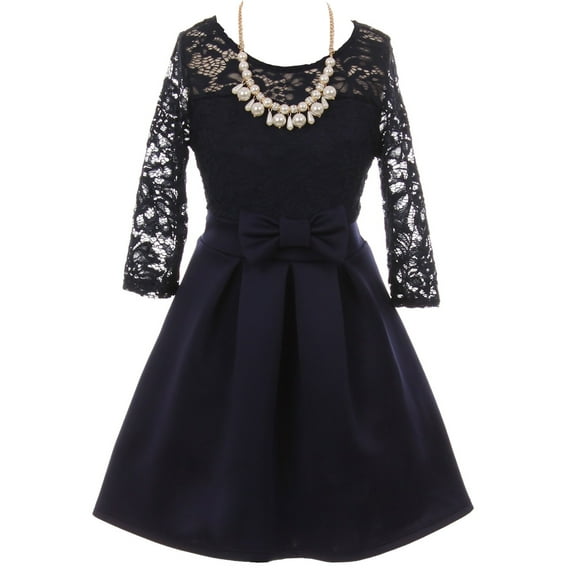 Little Girls Floral Lace Long Sleeve Illusion Neckline Special Occasion Flower Girl Dress Navy 2 (J21KS04)