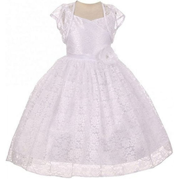 Little Girls Floral Lace Overlay Hi Low Bolero Special Occasion Easter Flower Girl Dress White 6 (C3B36)