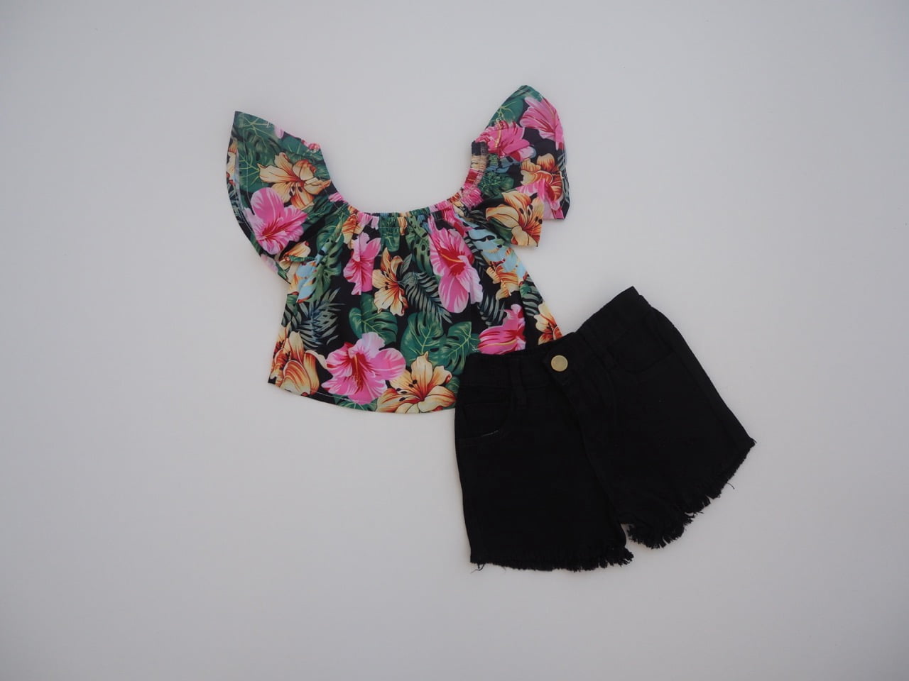 Girls Yellow Top with Printed Design & Denim Shorts – 2 Piece Set main image 1