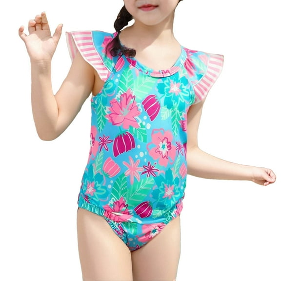 Little Girls Floral Swimsuits One Piece Bathing Suits Layered Ruffle Sleeveless Tankini Toddler Swimwear Blue, 18 Months
