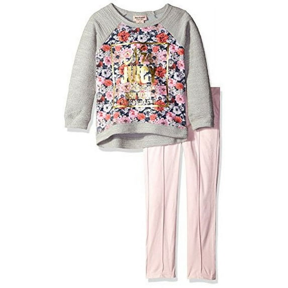 Little Girls' French Terry Flower Print Top and Pant Set, Pink, 6X