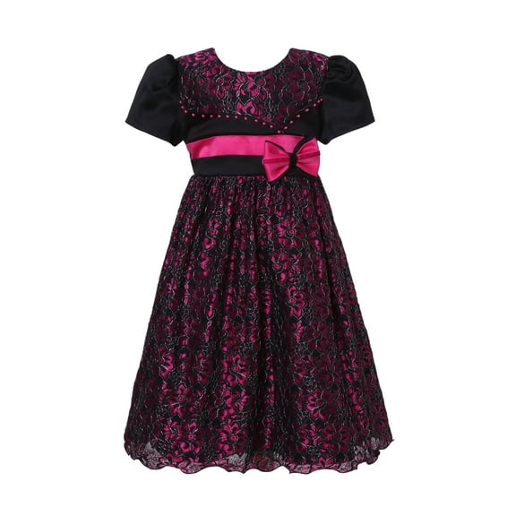 Little Girls Fuchsia Black Flower Bow Adorned Party Dress 4