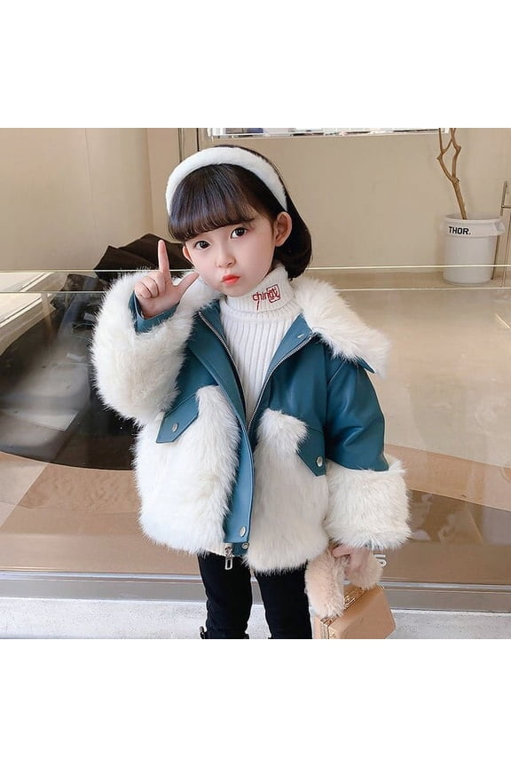 Little Girls Fur Jackets Winter Blue Pink Faux Leather with Fur Luxury Clothes Toddler Elegant Baby Warm Outerwear 2 3 4 5 7 9T