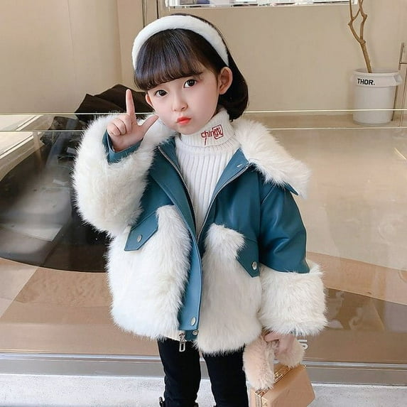 Little Girls Fur Jackets Winter Blue Pink Faux Leather with Fur Luxury Clothes Toddler Elegant Baby Warm Outerwear 2 3 4 5 7 9T