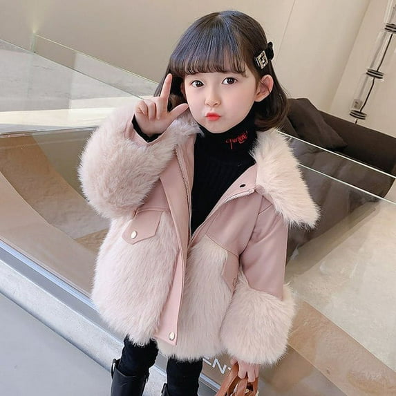 Little Girls Fur Jackets Winter Blue Pink Faux Leather with Fur Luxury Clothes Toddler Elegant Baby Warm Outerwear 2 3 4 5 7 9T