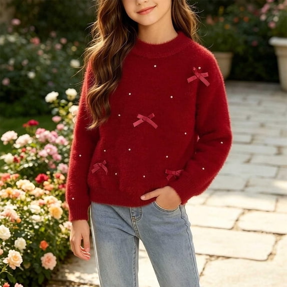 Little Girls Fuzzy Mohair Bow Pearl Bead Sweater Christmas Soft Long Sleeve Crew Neck Fall Winter Kids Pullover Wine 14-15 Years