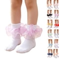 thumbnail image 1 of Little Girls Glitter Organza Big Ruffle Socks, Frilly Sheer Mesh Ankle Dress Socks, Sparkly Princess Socks for Party, Birthday, Holiday Outfits, Assorted Shiny Trim Colors Purple 2XS, 1 of 7