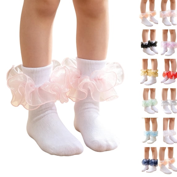 Little Girls Glitter Organza Big Ruffle Socks, Frilly Sheer Mesh Ankle Dress Socks, Sparkly Princess Socks for Party, Birthday, Holiday Outfits, Assorted Shiny Trim Colors Pink XS