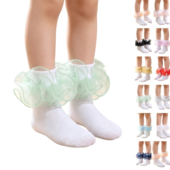 Little Girls Glitter Organza Big Ruffle Socks, Frilly Sheer Mesh Ankle Dress Socks, Sparkly Princess Socks for Party, Birthday, Holiday Outfits, Assorted Shiny Trim Colors Light Green L