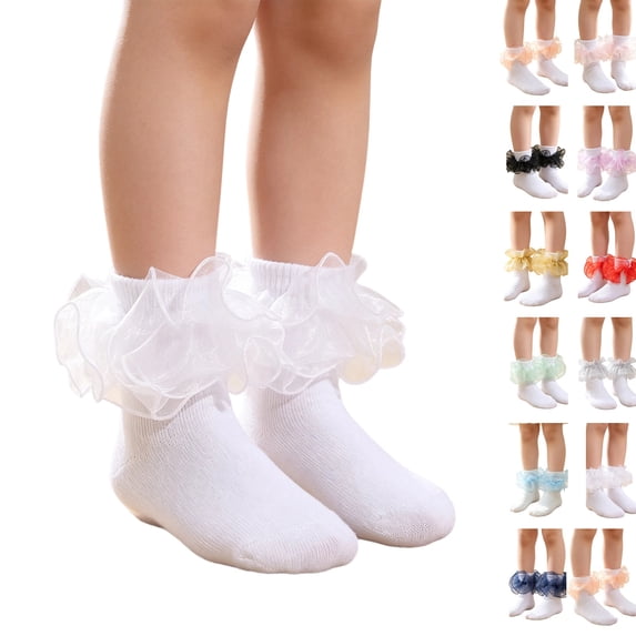 Little Girls Glitter Organza Big Ruffle Socks, Frilly Sheer Mesh Ankle Dress Socks, Sparkly Princess Socks for Party, Birthday, Holiday Outfits, Assorted Shiny Trim Colors White 2XS