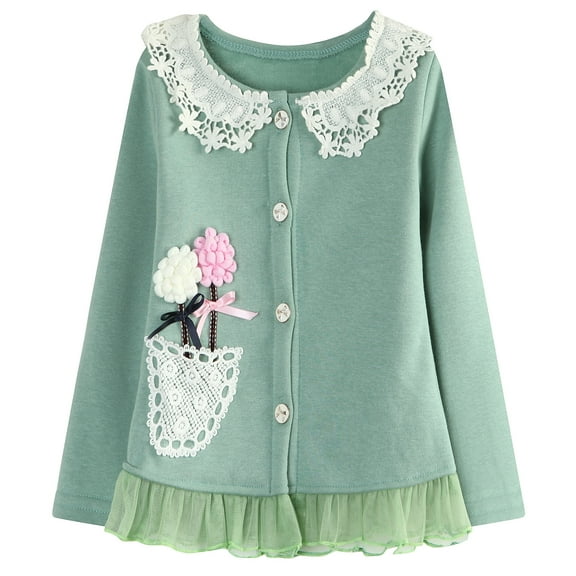 Little Girls Green Fleece Flower Pot Lace Trimmed Cardigan 2/3