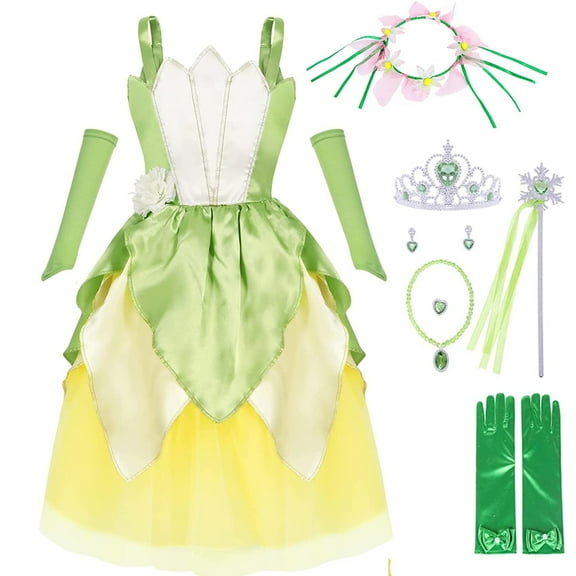 Little Girls Green Frog Princess Dress Kids Halloween Birthday Party Cosplay Outfits with Accessories