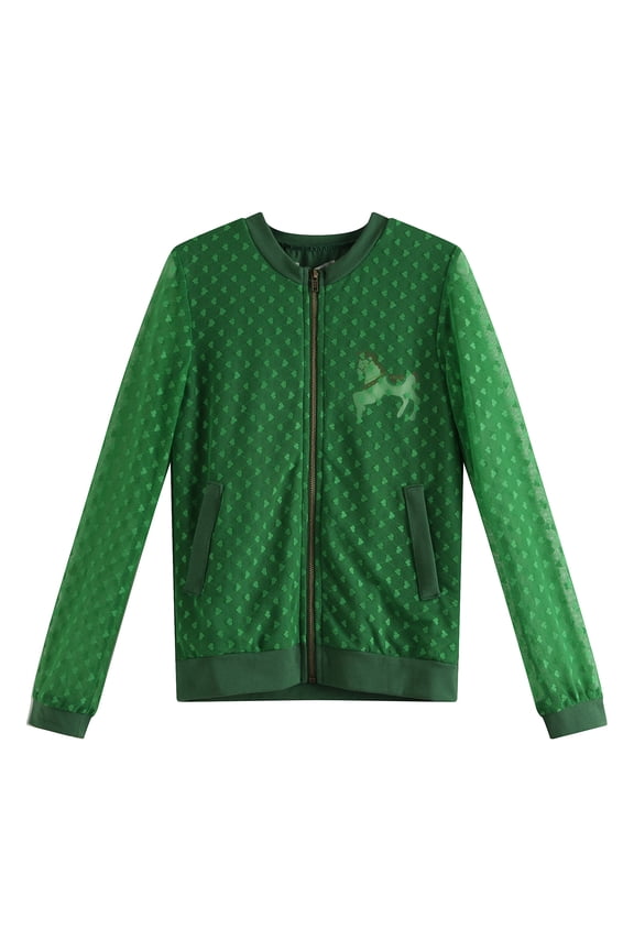 Little Girls Green Lace Overlay Zipper Closure Leisure Coat 5/6