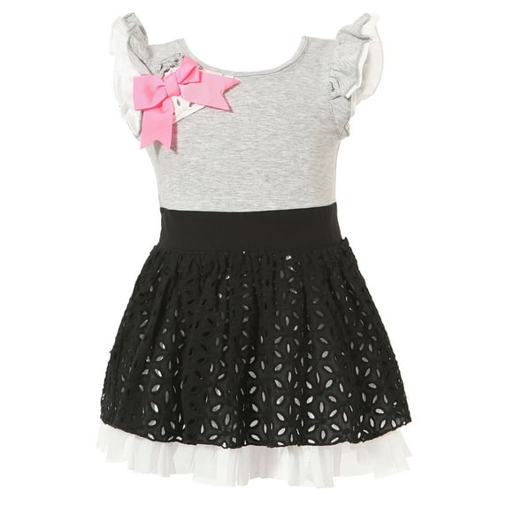 Little Girls Grey Black Knit Floral Cutouts Bottom Dress 2/3