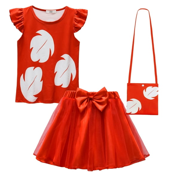 Little Girls Hawaiian Costume Red Leaf Tops Tutu Skirt Cosplay Outfit, Little Girls 4-9Y