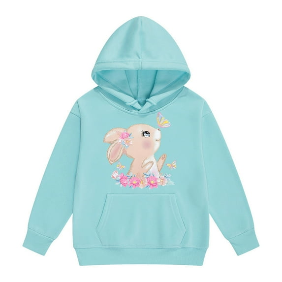 Little Girls Hoodies Sweatshirts Cute Bunny Print Pullover Kids Casual Outerwear Warm Jacket Fall Winter Clothing Sky Blue Size 6-7T
