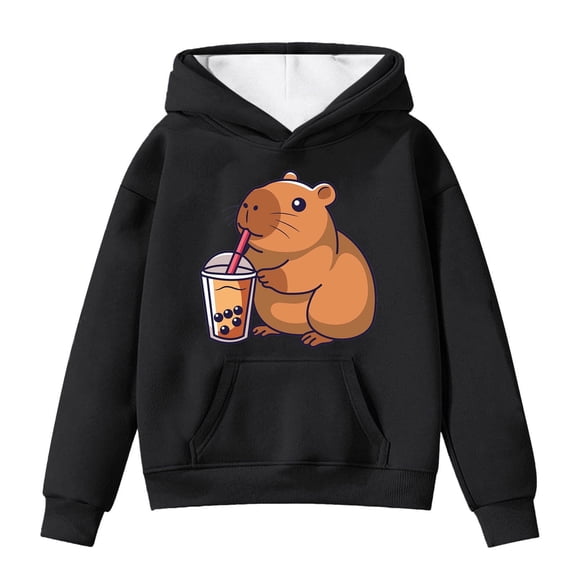 Little Girls Hoodies Sweatshirts Cute Capybara Print Pullover Long Sleeve Pocket Hooded Sweatshirt Kids Winter Fall Casual Clothing Black Size 6-7T