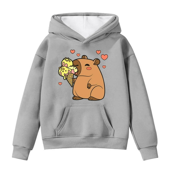 Little Girls Hoodies Sweatshirts Kids Cute Capybara Print Long Sleeve Pullover With Pocket Hood Fall Winter Casual Wear Clothes Grey Size 6-7T