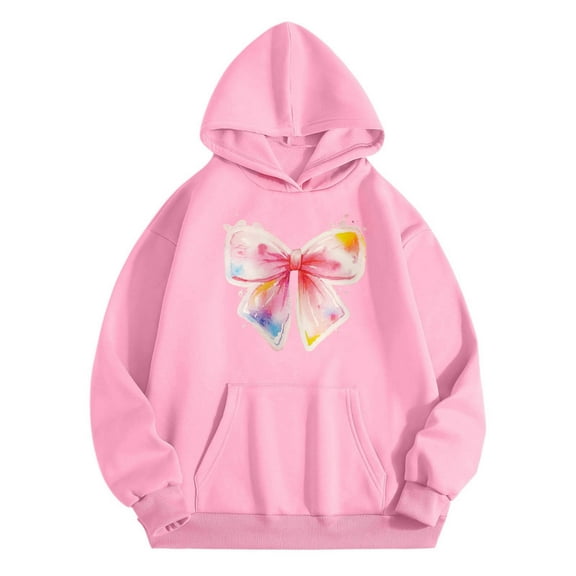 Little Girls Hoodies Sweatshirts Young Girls Fashion Long Sleeve Hooded Sweatshirt With Bow Print Pocket Fall Winter Season Clothing Pink Size 6-7T