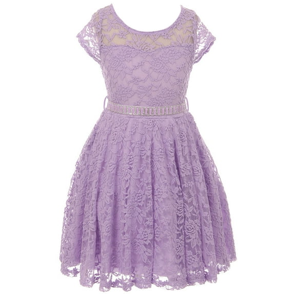 Little Girls Illusion Lace Top Stone Belt Easter Flower Girl Dress Lavender 2 (J19KS88)