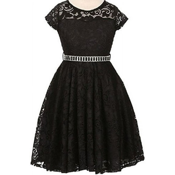 Little Girls Illusion Lace Top Stone Belt Flowers Girls Dresses Black 6 (J19KS88)