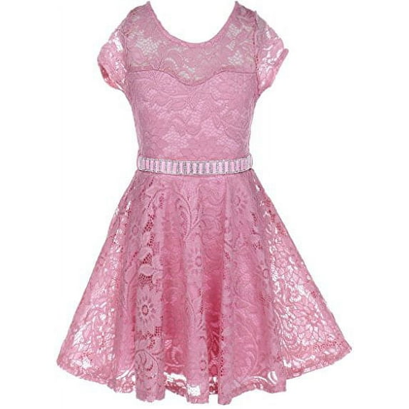 Little Girls Illusion Lace Top Stone Belt Holiday Party Flower Girl Dress Rose 4 (J19KS88)