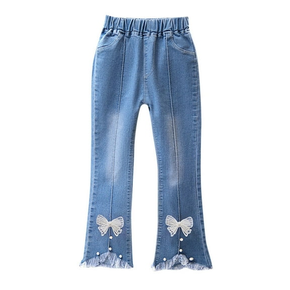 Little Girls Jeans Embroidered Girls Flare Jeans with Pockets High Waist Denim Pants Girl Clothes Size 10-12 Y