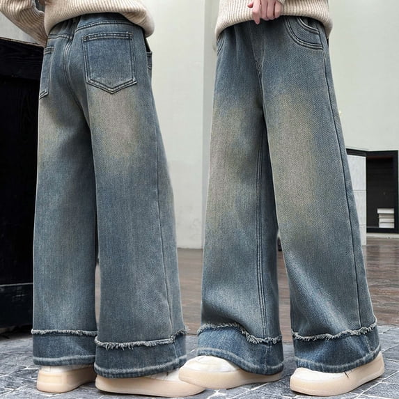 Little Girls Jeans Embroidered Jeans Flare Jeans with Pockets High Waisted Wide Leg Jean Baggy Jeans for Girls 11-12 Y