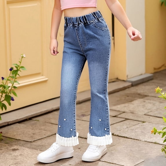 Little Girls' Jeans Embroidered Jeans Flared Jeans with Pockets High Waisted Jeans Wide Leg Girl Clothes Size 11-12 Y