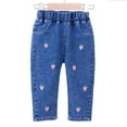 thumbnail image 1 of Little Girls Jeans Loose Strawberry Embroidered Elastic Waist Denim Pants Pull-On Toddler Fall Casual Trousers, Blue4-5 Years, 1 of 7