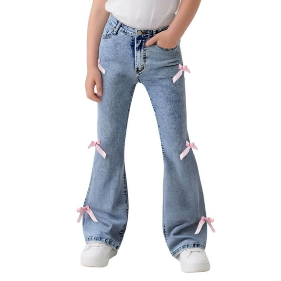 Little Girls Jeans Wide Leg Baggy Denim Pants High Elastic Waisted Cute Bow Trousers Kids Streetwear Clothing Blue Size 7-8T