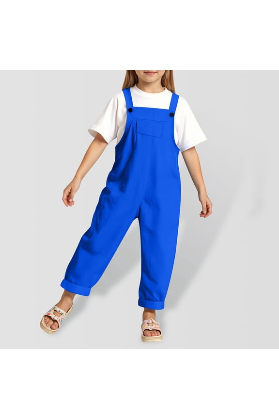 Little Girls Jumpsuits Rompers Comfortable Blue Romper with Pockets for Outdoor Activities Girls Romper Size 6-7 Years