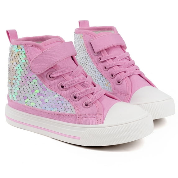 Little Girls Kids Canvas Shoes Glitter Sneakers Toddler Sparkle Lace Up High Top Hook and Loop Straps Non Slip Lightweight Light Pink Size 1