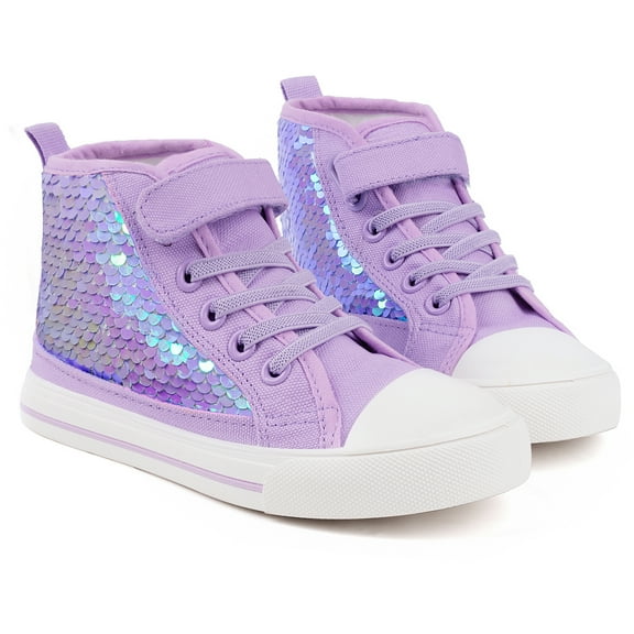Little Girls Kids Canvas Shoes Glitter Sneakers Toddler Sparkle Lace Up High Top Hook and Loop Straps Non Slip Lightweight Light Purple Size 10